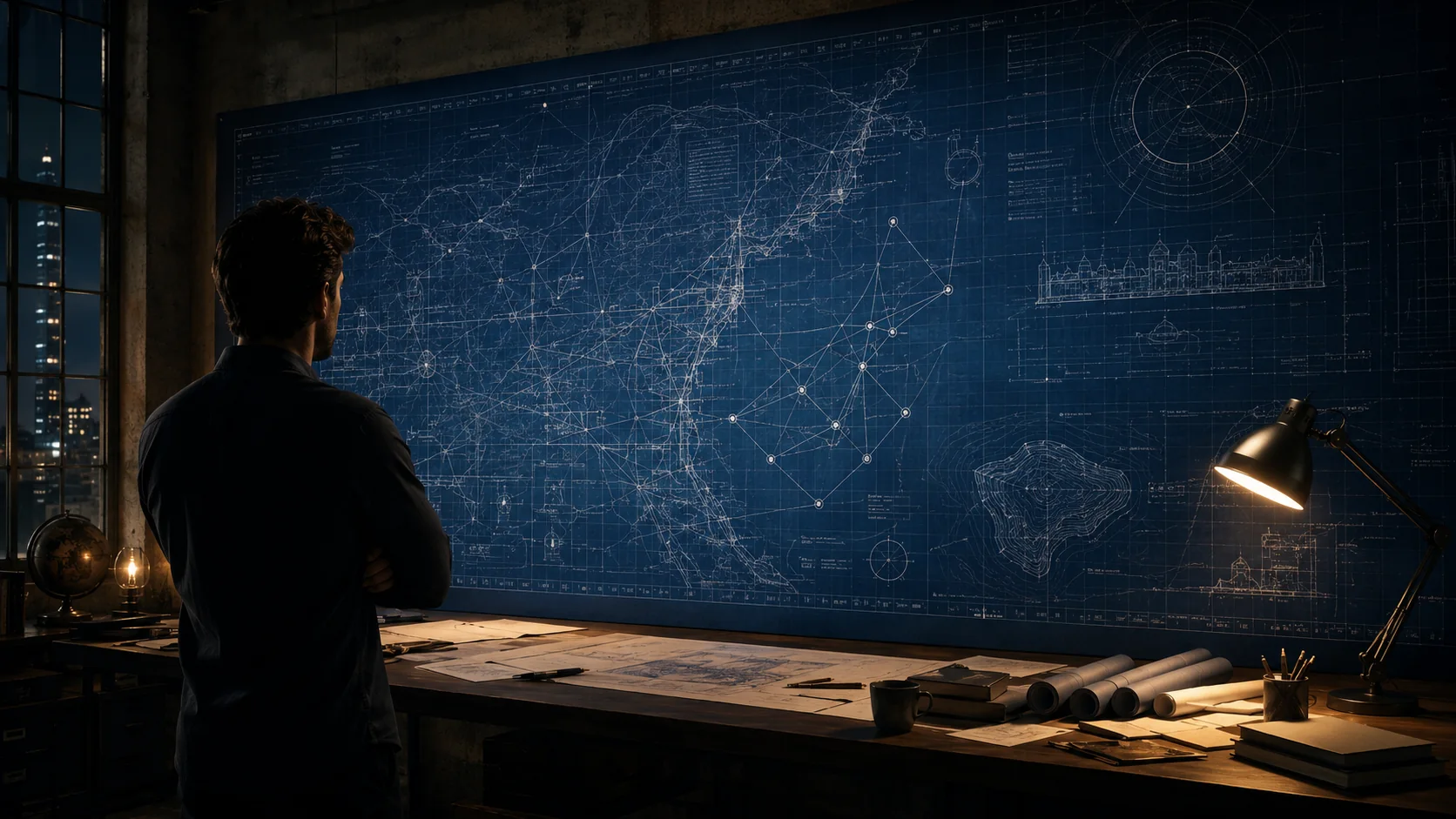 A man studying a large blueprint in a dark workspace